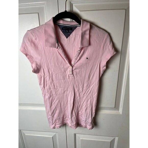 Tommy Hilfiger Tops - Tommy Hilfiger Shirt Top Women's Large Pink Stretch Collared Short Sleeve Button